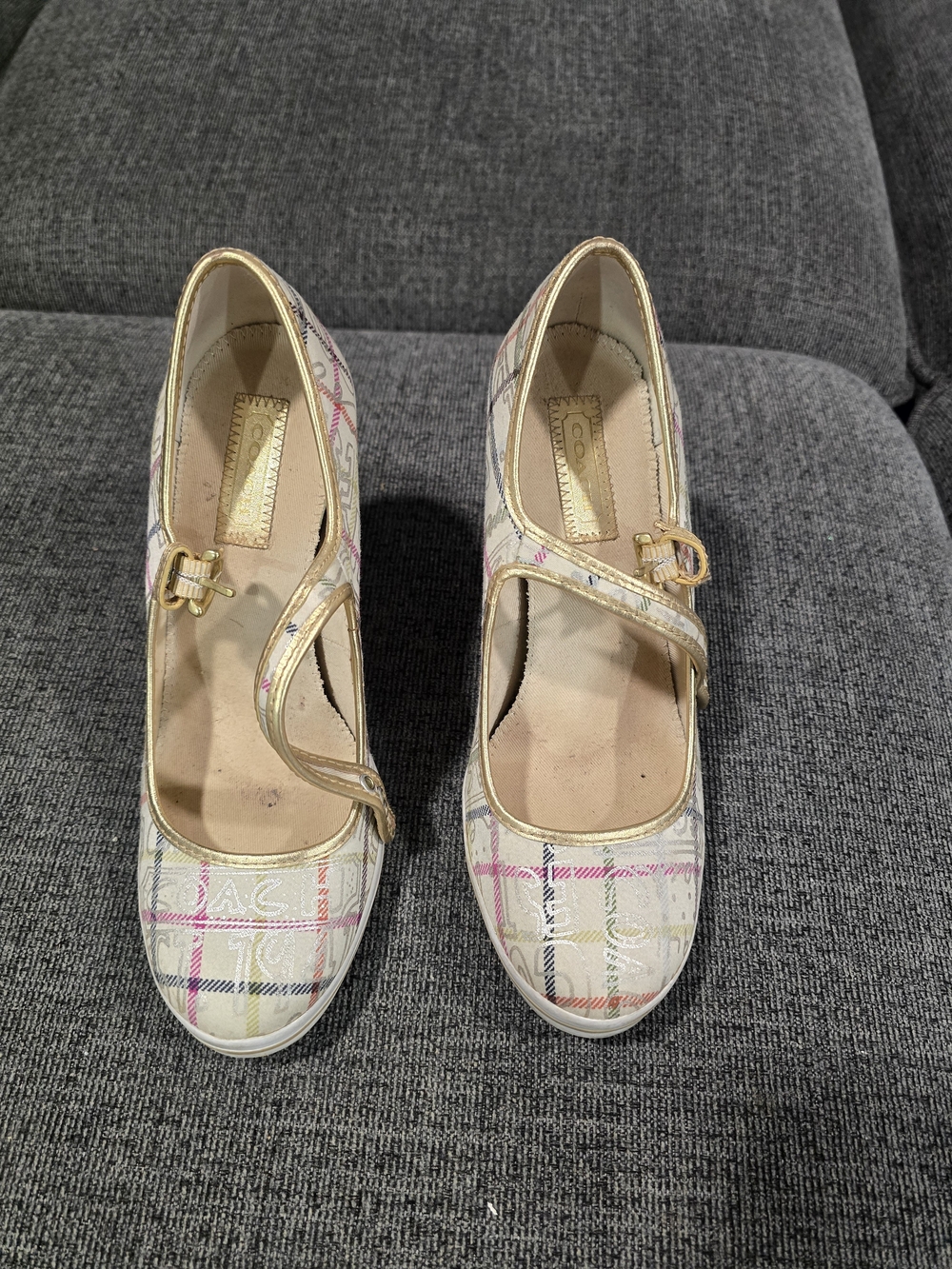 Coach White Plaid Mary Jane Heels with Gold Trim